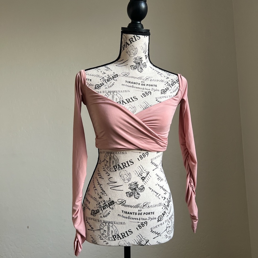 Pink tiger mist deep v cropped long sleeve.